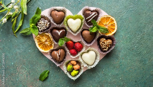 chocolate sweets in the form of a heart with fruits and nuts on a colored background top view with space for text holiday concept