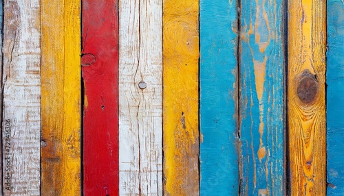 texture of vintage wood boards with cracked paint of white red yellow and blue color horizontal retro background with wooden planks of different colors