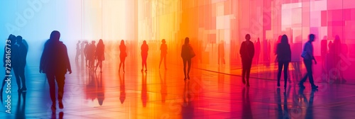 Abstract gradient multicolored banner with people. Background with silhouettes of people, diffused light.