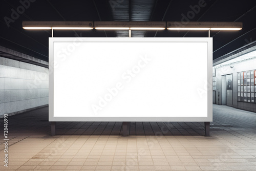 blank white billboard mockup in the waiting area of train station generative by ai
