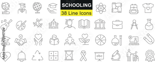 38 schooling line icons set. Education focused, Includes books, globe, graduation cap, microscope, paint palette. Perfect for educational websites, apps. Minimalist design, black outlines on white bac