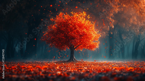 a tree in autumn, ablaze with colors of fire. 