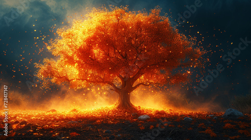 a tree in autumn, ablaze with colors of fire. 