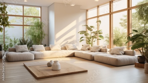 Wellness-focused interior design. modern home interior with biophilic design elements plants, sustainable bamboo flooring, ergonomic furnishings, neutral color, tranquility and mindful living