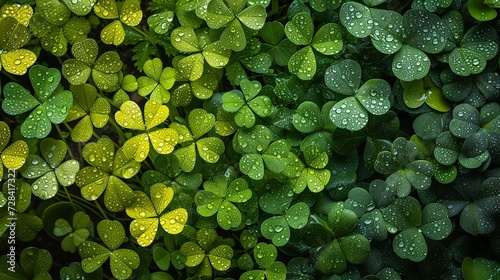 Dew-speckled clover leaves bask in the fresh ambiance of greenery