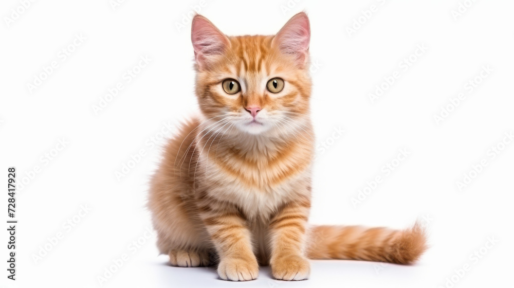 Cute orange cat on a white background. Copy space.