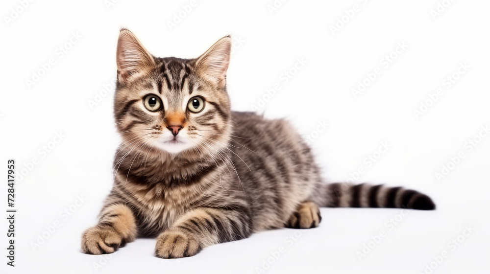 A cute grey orange cat sitting down looking at the camera