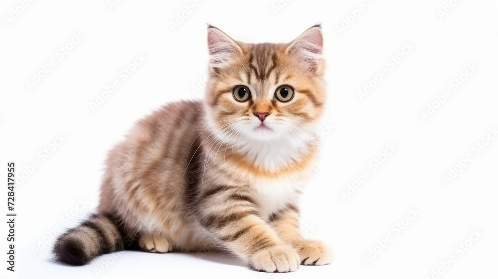 A cute grey orange cat sitting down looking at the camera
