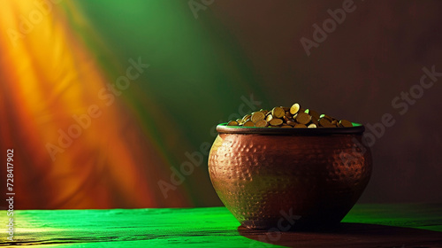 Pot of Gold at the End of a Luminescent Rainbow - Dramatic Studio Lighting Effect - Irish St. Patrick's Day Concept with Gold Coins on Dark, Moody Background - Horizontal Layout with Copy Space