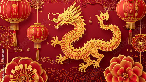 Wallpaper Mural Happy chinese new year 2024 the dragon zodiac sign with flower,lantern,asian elements gold paper cut style on color background Torontodigital.ca