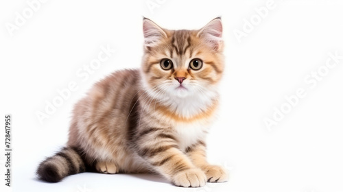 A cute grey orange cat sitting down looking at the camera