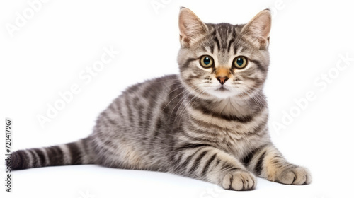 A cute grey orange cat sitting down looking at the camera