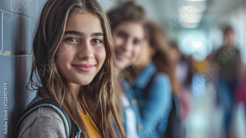 Portrait of smiling female students standing in corridor at college/university campus