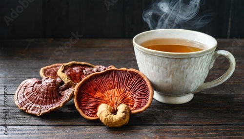 cup of reishi tea and fresh lingzhi mushroom with slice on dark wooden floor ganoderma lucidum chinese traditional medicine and nutritive value photo