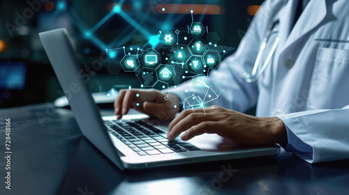 Medicine doctor working with modern computer and medical network interface as concept