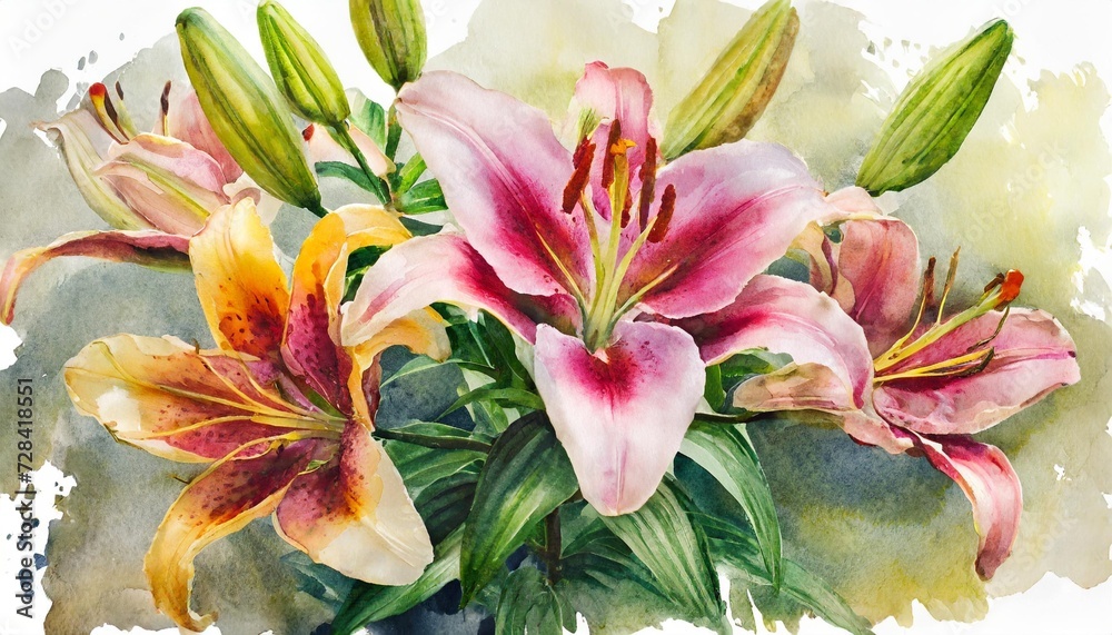 Obraz premium lily flowers isolated on white old watercolor