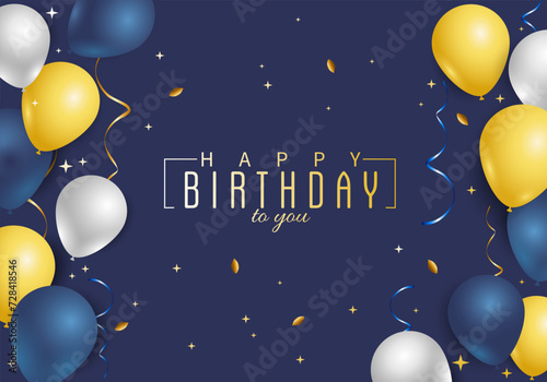 Happy Birthday blue greeting card with balloons, confetti and ribbons