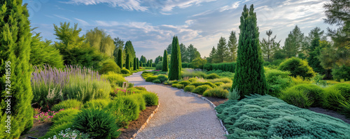 Beautiful coniferous garden with blue spruces, fir trees, thujas and junipers.