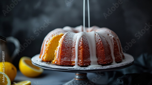 Lemon bundt cake drizzled with powdered sugar glaze on a cake stand
