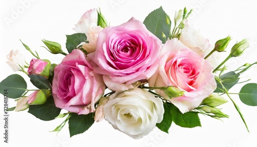 floral corner arrangement with pink roses and eustoma flowers isolated on white or transparent background