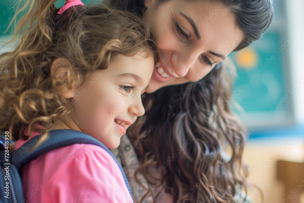 First Day Jitters to First Day Smiles: A mother's loving embrace calms her daughter's nerves in a heartwarming classroom scene. Back to school jitters melt away with a mother's love. First Day Jitters to First Day Smiles: A mother's loving embrace calms her daughter's nerves in a heartwarming classroom scene. Back to school jitters melt away with a mother's love.