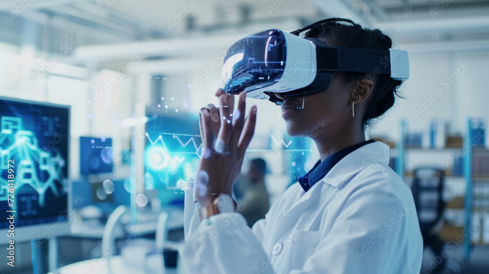 Scientist wearing a VR headset and interacting with virtual reality in the science lab Scientist wearing a VR headset and interacting with virtual reality in the science lab