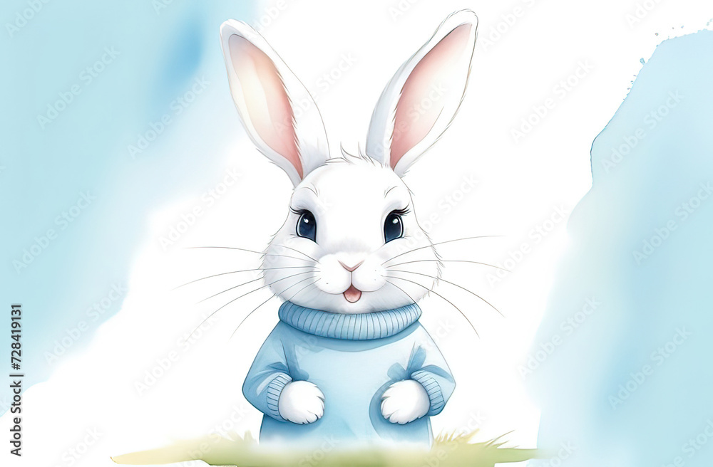 Fototapeta premium white easter rabbit wearing a blue sweater, easter banner, postcard or invitation, banner for an easter sale announcement