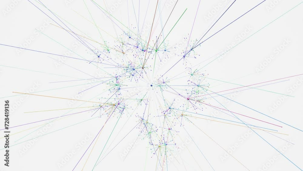 Colorful Visualisation of Expanding and Growing AI Neural Network on White Background. Moving from Center of Large Scale and Complex Web with Nodes and Connections. Concept: Artificial Intelligence