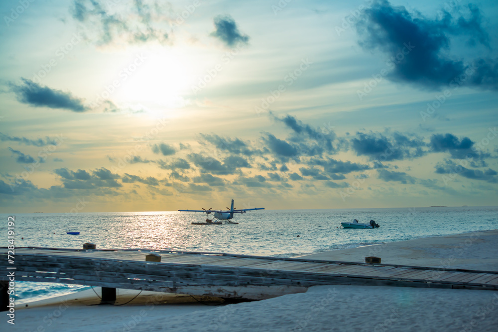 An aerial view of the mesmerizing blue Maldives, with a seaplane gliding over the turquoise sea, creating an idyllic and exotic island escape An aerial view of the mesmerizing blue Maldives, with a seaplane gliding over the turquoise sea, creating an idyllic and exotic island escape