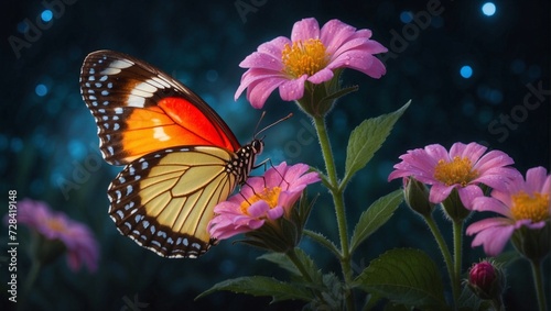A luminous, colorful butterfly perched on a moonlit flower, its wings glowing softly in the mystical night Generative AI