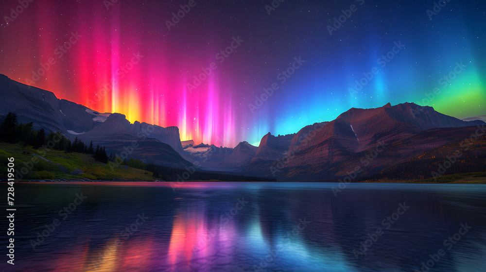 A photo of Glacier National Park, with pristine glacial lakes as the background, during a colorful display of the Northern Lights