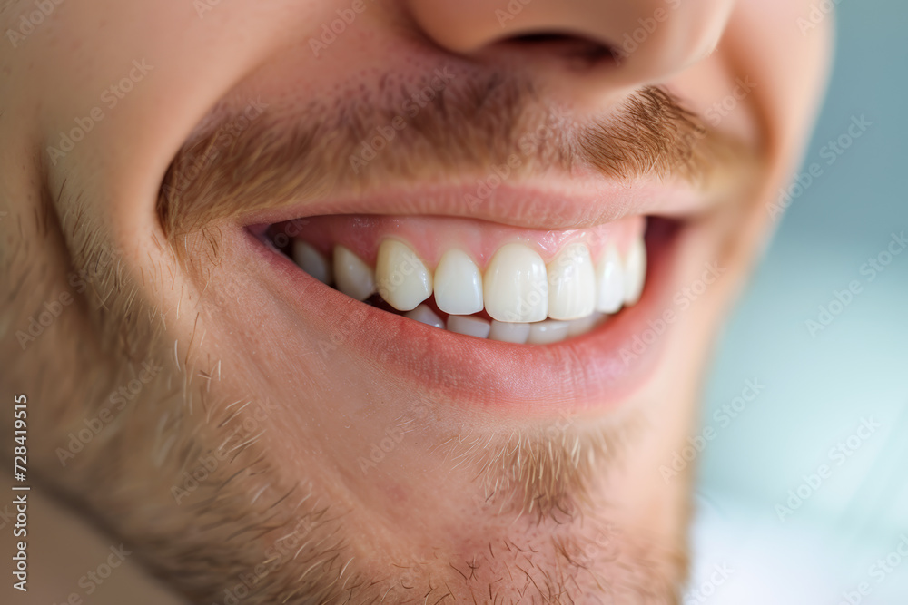 Obraz premium Teeth, dental and oral hygiene, healthcare and veneers with a male indoor to show a happy smile, mouth specialist, tooth whitening, dentist