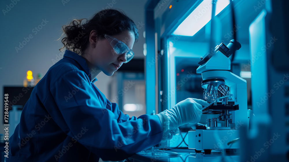 A happy laboratory repair person working on a modern futuristic laboratory machine in a dark blue modern laboratory of an online e-commerce laboratory wholesaler A happy laboratory repair person working on a modern futuristic laboratory machine in a dark blue modern laboratory of an online e-commerce laboratory wholesaler