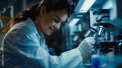 A happy laboratory repair person working on a modern futuristic laboratory machine in a dark blue modern laboratory of an online e-commerce laboratory wholesaler
