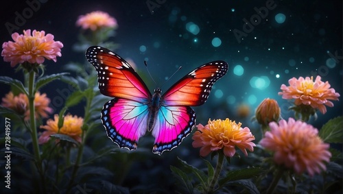 A luminous, colorful butterfly perched on a moonlit flower, its wings glowing softly in the mystical night Generative AI