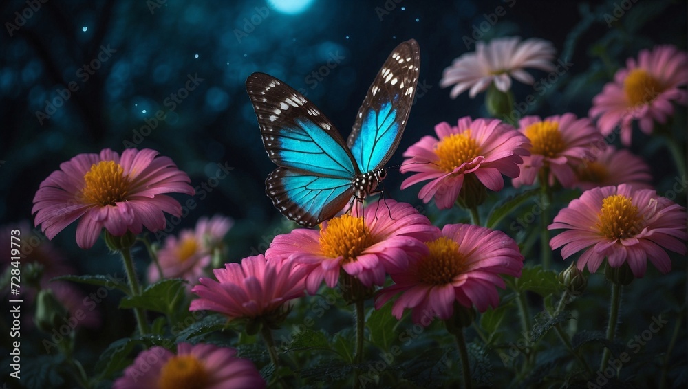 A luminous, colorful butterfly perched on a moonlit flower, its wings glowing softly in the mystical night Generative AI A luminous, colorful butterfly perched on a moonlit flower, its wings glowing softly in the mystical night Generative AI
