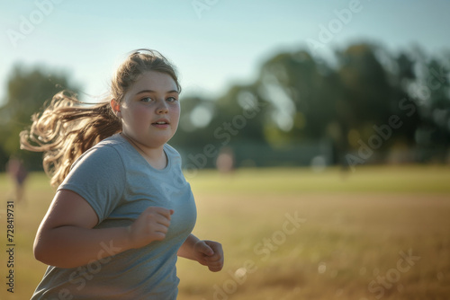 Teenage girl jogging in the morning, tackling childhood obesity, copy space available, fatness, overweight