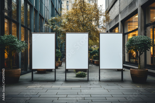 three blank empty white poster mockups on the street by ai