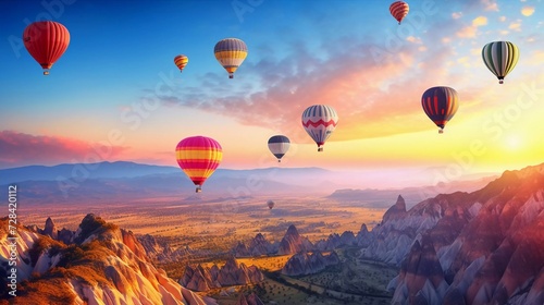 realistic photo Colorful hot air balloons flying over mountains. generative ai