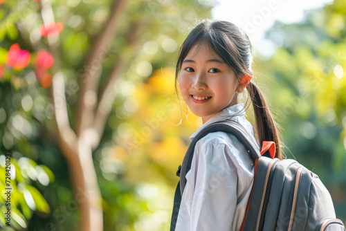 Happy Asian student girl in school uniform with bag smiling and looking at the camera, on blurred background, back to school concept