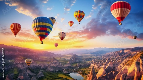 realistic photo Colorful hot air balloons flying over mountains. generative ai © KBL Sungkid