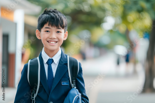 Happy pretty Asian student boy in school uniform with bag smiling and looking at the camera, on blurred background, back to school concept