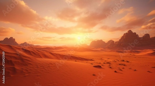 realistic photos of extreme adventures or science expeditions in the rocky desert. Sahara Desert at sunrise. generative ai