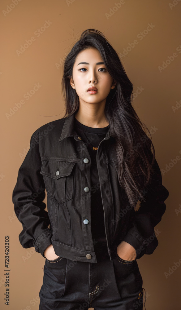 Close up portrait of an attractive Korean young woman in black jacket over brown background