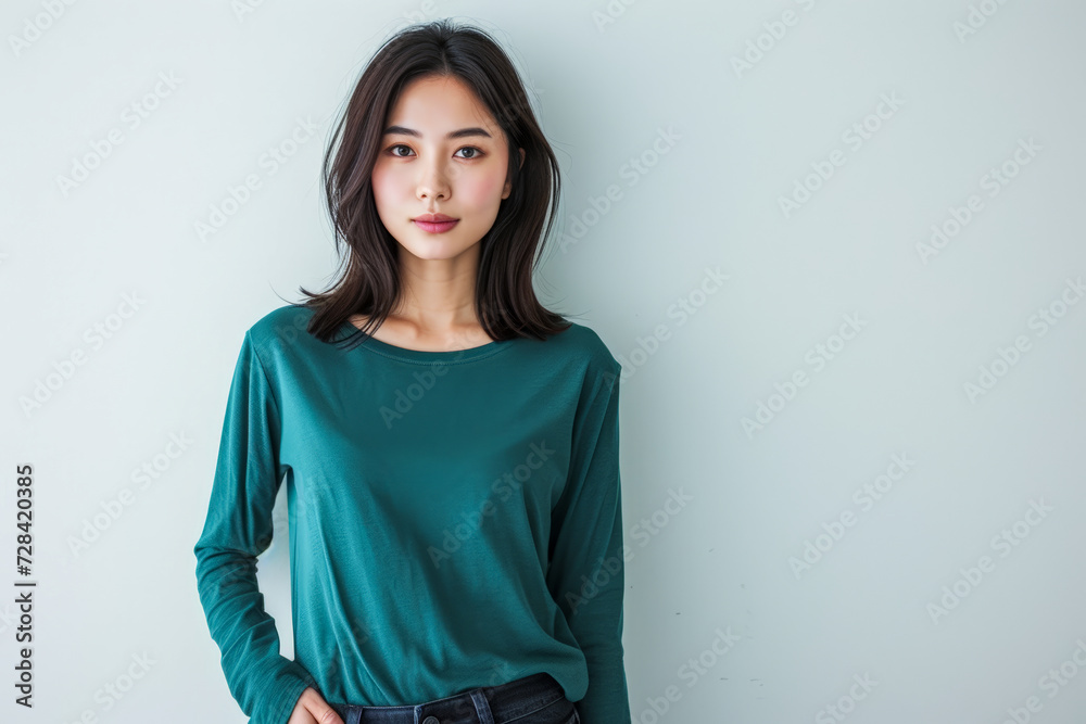 Close up portrait of an attractive young woman in green long sleeve t-shirt isolated over light blue background Close up portrait of an attractive young woman in green long sleeve t-shirt isolated over light blue background