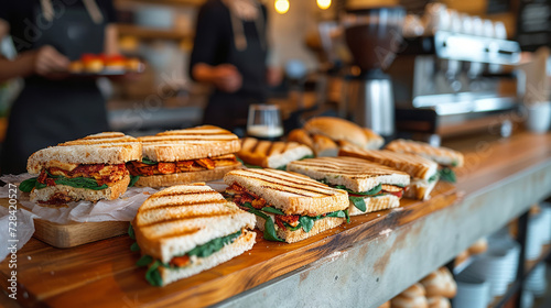Gourmet panini sandwiches on display at an upscale urban café