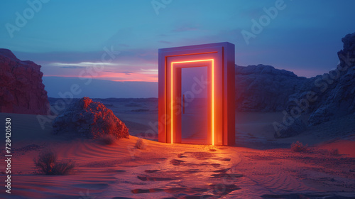 Mysterious doorway in the desert with a radiant twilight sky