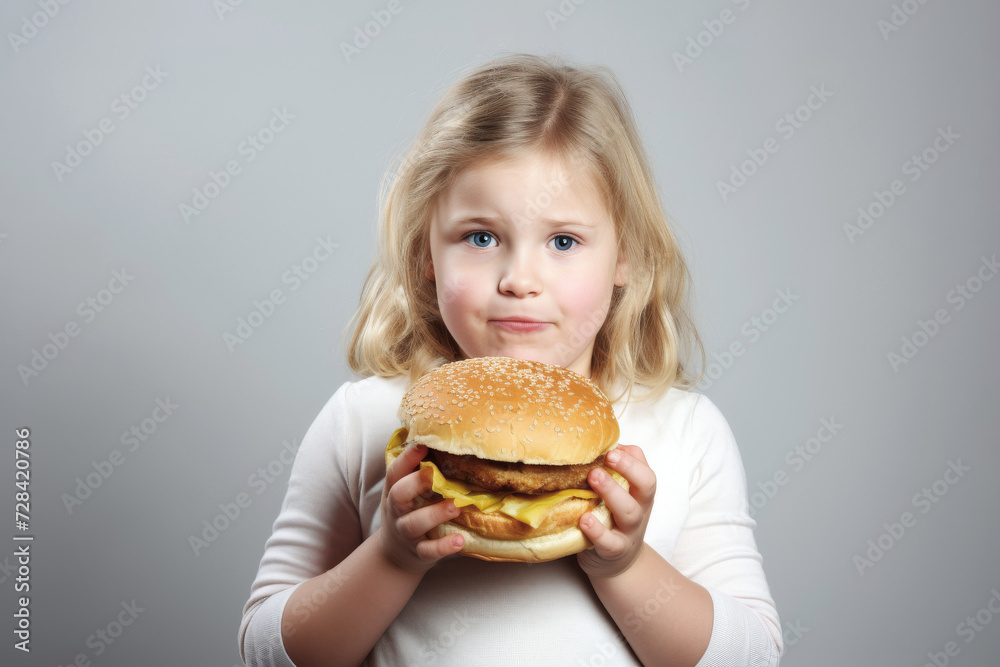 A lovely girl holds a hamburger, symbolizing the issues of obesity and healthy eating. A lovely girl holds a hamburger, symbolizing the issues of obesity and healthy eating.