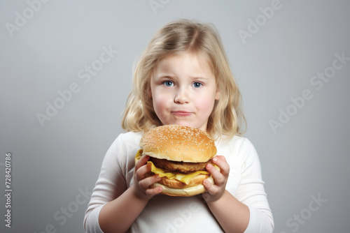 A lovely girl holds a hamburger  symbolizing the issues of obesity and healthy eating.