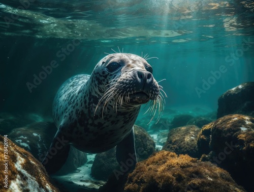 Curious Seal Swimming Underwater Amongst Seaweed Covered Rocks © nenetus